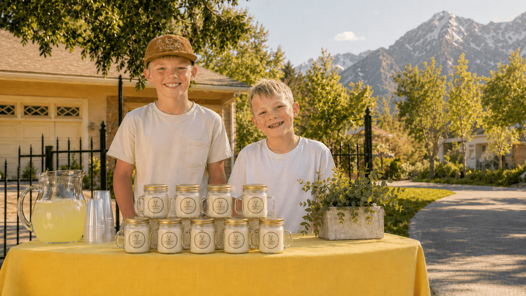 Two young brothers smiling beside a sunny lemonade-stand-style table lined with amber Raindeer Supply Co candles, with mountains in the background.